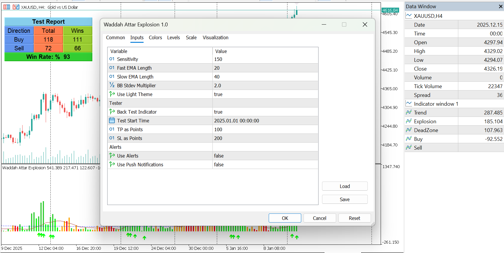 Waddah Attar Explosion customization settings panel in MT5